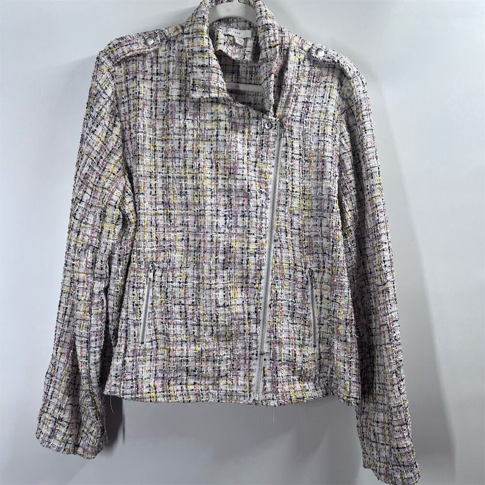 EST 1946 Women's Tweed Moto Jacket XL Multicolor Fringe Zip Mid-Length